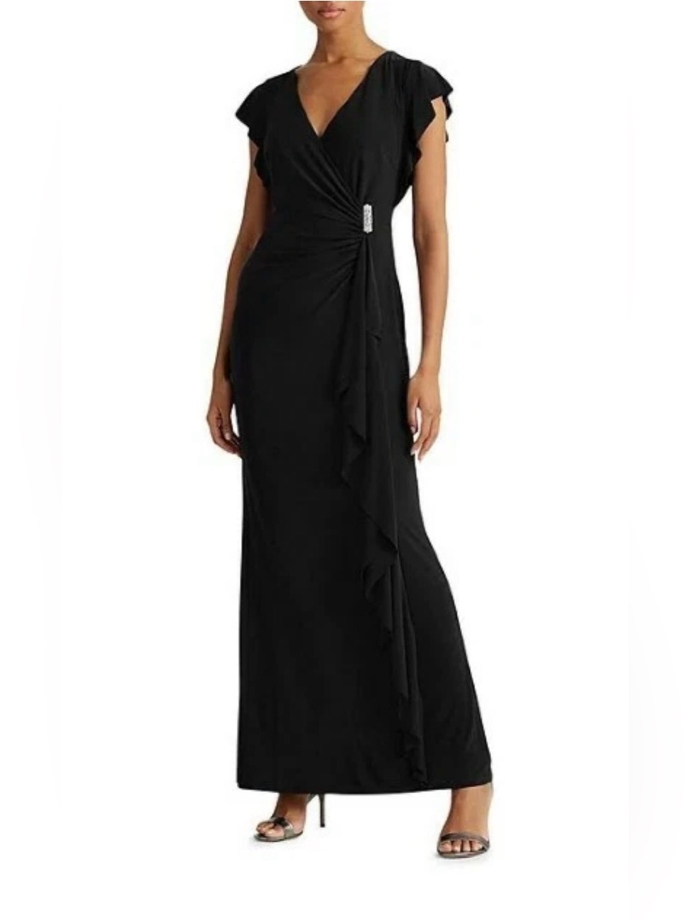 Lauren Ralph Lauren Black Label 
Flutter Sleeve Surplice Faux Wrap Gown 
Size 6